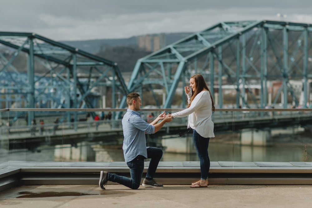 Brandon+Sydney Spring Surprise Proposal at the Walnut Street Bridge in Chattanooga, TN.